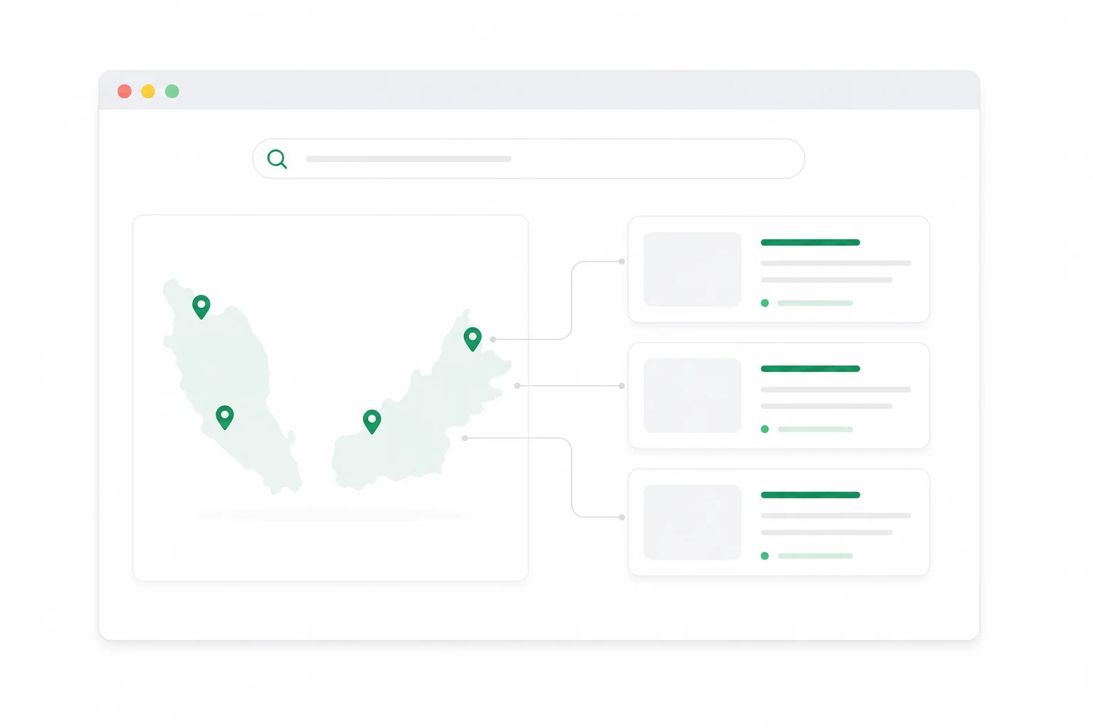 Local SEO illustration showing a Malaysia map, location pins, nearby business listings and search radius signals